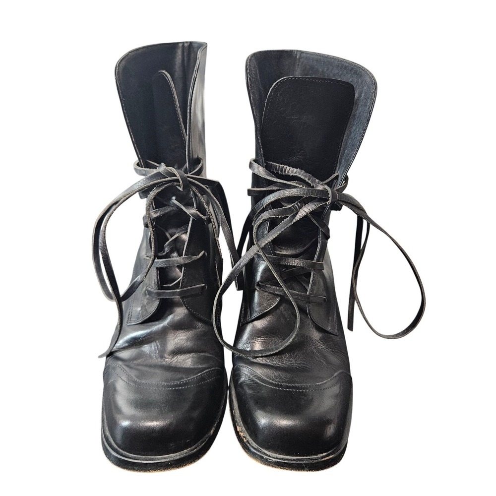 GUESS Vintage Black Leather Lace Up Ankle Boots Chunky Heel Grunge Womens 7.5